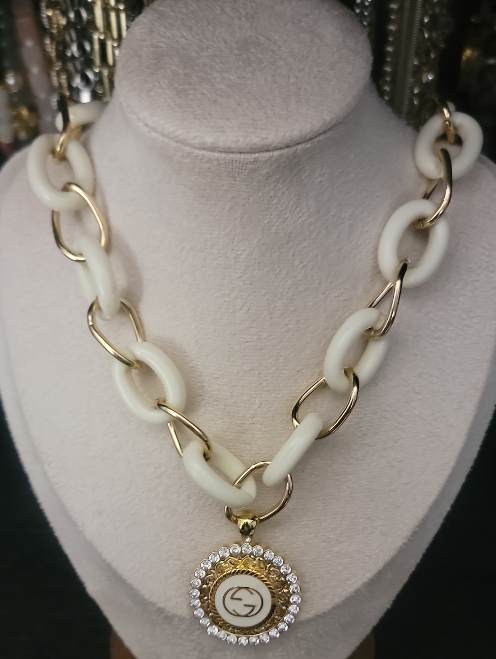White and Gold Chain Necklace with Crystal GG Pendant
